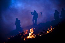 Firemen beating out a grass fire on moorland, Lancashire, UK