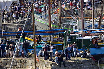 Spectators admire boats moored in Port de Rosmeur, Douarnenez Maritime Festival, France, July 2008