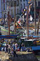 Spectators admire boats moored in Port de Rosmeur, Douarnenez Maritime Festival, France, July 2008