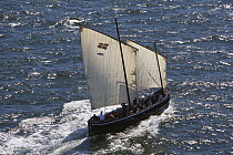 Basque tuna fishing boat (fitted for rowing and sailing) under sail at Douarnenez Maritime Festival, France, July 2008