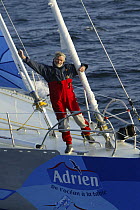 Jean Luc van den Heede arriving at the finish line of the Global Challenge at Ouessant (Ushant), on his boat "Adrien" with a record time of 122 days, 14 hours, 3 minutes and 49 seconds. 11 March 2004.