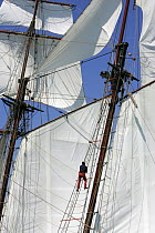 Person climbing Tall ship rigging during Brest International Maritime Festival, July 2004