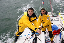 Skippers Eric Peron and Miguel Danet on their Figaro yacht during the Transatlantic AG2R race March 2008