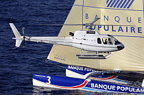 60ft Multihull "Banque Populaire" and helicopter, Transatlantic Jacques Vabre race. November, 2007