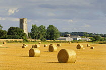Rural Harvest scene with Village Church, farm buildings and rolled straw bales, Hindringham village, Norfolk, UK, August