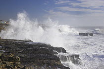 Stormy sea pounding coast at Portland Bill, Dorset. Jurassic Coast World Heritage Site.