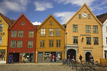 Bryggen in Bergen, with wooden buildings facing the quay. UNESCO World Heritage Site, Norway