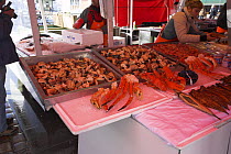 Fish and crabs for sale in fish market, Bergen, Norway