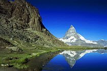 Matterhorn reflected in Riffelsee, Zermatt, Swiss Alps, Switzerland