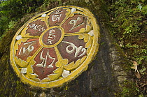 Buddhist Mantra wheel carved in stone, near Kechopari Lake, Sikkim, India October 2007