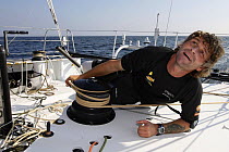 Skipper Bernard Stamm on Imoca 60ft monohull "Ceminees Poujoulat", Vendee Globe 2008-2009, September 08