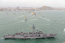 Navy ship and spectator boats gather for the start of leg one of the 10th Volvo Ocean Race in Alicante, Spain, October 2008. For EDITORIAL USE only.