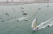 Aerial view of "Telefonica Blue" and spectator boats at the start of leg one of the 10th Volvo Ocean Race in Alicante, Spain, October 2008. For EDITORIAL USE only.