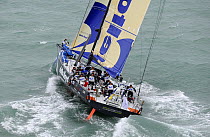 "Delta Lloyd" sailing with a quad headsail at the start of leg one of the 10th Volvo Ocean Race, 2008-2009, Alicante, Spain, October 2008. For EDITORIAL USE only.