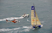 "Telefonica Blue" with the filming boat "Water Wizard" shadowing the fleet at the start of leg one of the 10th Volvo Ocean Race, 2008-2009, Alicante, Spain, October 2008. For EDITORIAL USE only.