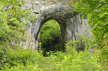 Natural rock arch leading to Reynards Cave, Dovedale, Peak District NP, Derbyshire, UK,