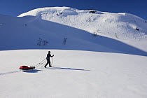 Man on skis pulling a pulk sled across snow covered mountain with shadow and blue sky backdrop. Norway, March