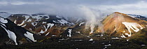 Rhiolite mountains at Landmannalaugar, Iceland, with steam vents emitting steam, June 2008 WWE Mission: Iceland wildlife and landscapes
