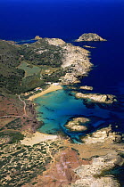 Aerial view of the north coast beach of Cala Pregonda, Menorca, Spain