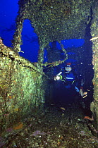 Diver explores the wheelhouse of the wreck of the Spanish cargo ship Francisquita, sunk off Menorca 17th December 1952