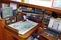 Chart table and instruments on board classic Victoria 34 Cutter, "Kipper". Solent, June 2008