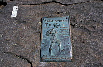The first trail blaze and southern terminus sign of the Appalachian Trail on Springer Mountain, Chattahoochee NF, Georgia, USA