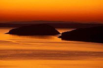 Frenchman Bay at sunrise, from Cadillac Mountain, Porcupine Islands, Acadia NP, Maine, USA