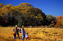Two mothers with children explore the edge of "Massacre Marsh" salt marsh, Rye, New Hampshire, USA, autumn