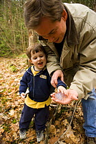 A young boy and his father hold salamander eggs from a vernal pool near Gulf Brook Ravine in Pepperell, Massachusetts, USA.