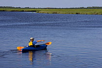 Kayaking in the tidal estuary, Plum Island Sounds, Sawyer's Island, Rowley, Massachusetts, USA. model released
