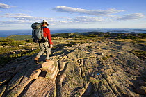 A hiker on the South Ridge Trail, Cadillac Mountain, Acadia National Park, Maine, USA. model released