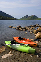 Kayaks on the shore of Jordan Pond with "The Bubbles" in the background, Arcadia NP, Maine, USA