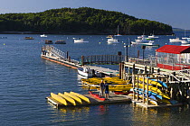 Sea kayaks on the municipal pier in Bar Harbor, Maine, USA