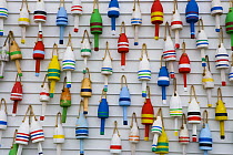 Wooden lobster buoys hang on a wall in Stonington, Maine, USA