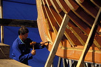 Shipwright hammering a chisel into the hull of replica tuna boat "Marche Avec" during construction at Concarneau boatyard, Brittany, France. 1992.