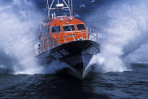 Loctudy SNSM (Societe Nationale des Secours en Mer) lifeboat ^Margodig^ powering through waves. Brittany, France 2002.