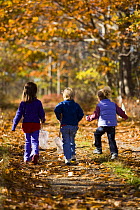 Three children walking along a woodland trail in Biddeford, Maine, USA