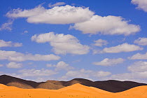 Orange sand dunes, black mountains and blue sky in the Sahara desert, Erg Ouzina, Southern Morocco, NW Africa