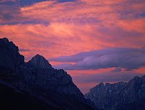 Sunset over the mountain peaks, Puerto del Ponton, Posada de Valdeon, Picos de Europa NP, Leon, Spain, July 2000