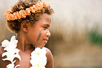 Houng girl in traditional dress. Dance performance by villagers of Bodaluna Island (also known as Budi Budi) in Woodlark / Laughlan Islands, Papua New Guinea May 2008