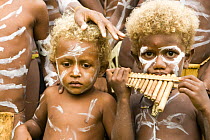 Village children performing in music and dance performance on Santa Ana Island, Solomon Islands. Santa Ana has a mixture of Melanesian and Polynesian traditions. They are famous for their pan pipes an...