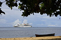 Clipper Odyssey tourist cruise boat moored off Nembao Village, Utupua Island, Solomon Islands