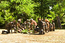 Men in traditional dress performing a snake dance for tourists,  Rano Island, Vanuatu May 2008