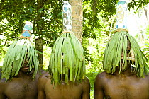 Young men in traditional dress demonstrating headdress for tourists, Rano Island, Vanuatu May 2008