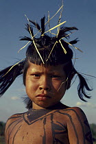 Kanela indian girl with tattoos on skin Kanela Barra do Corda village, Maranhao, northern Brazil, 1980, cerrado