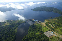 Aerial view of Samuel hydroelectric dam and lake formed by the dam, west of Porto Velho city, Northern Rondônia State, Western Brazil.