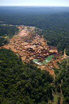 Aerial view of deforestation caused by diamond prospectors mining at the Roosevelt Indian Area of the Cinta-larga Indians, Rondônia State, Western Brazil.