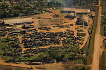 Aerial view of timber mill processing wood from the rainforest, Juruena town, Northern Mato Grosso State, Western Brazil.