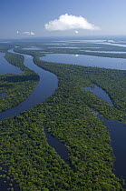 Aerial view of Anavilhanas Ecological Station and "igap" flooded Amazon Rainforest, in Negro River, north of Manaus city, Amazonas State, Northern Brazil.