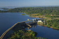 Aerial view of the hydroelectric dam of Samuel, across the Jamari River, tributary of the right margin of Madeira River, near Porto Velho city, Rondônia State, Western Brazil.